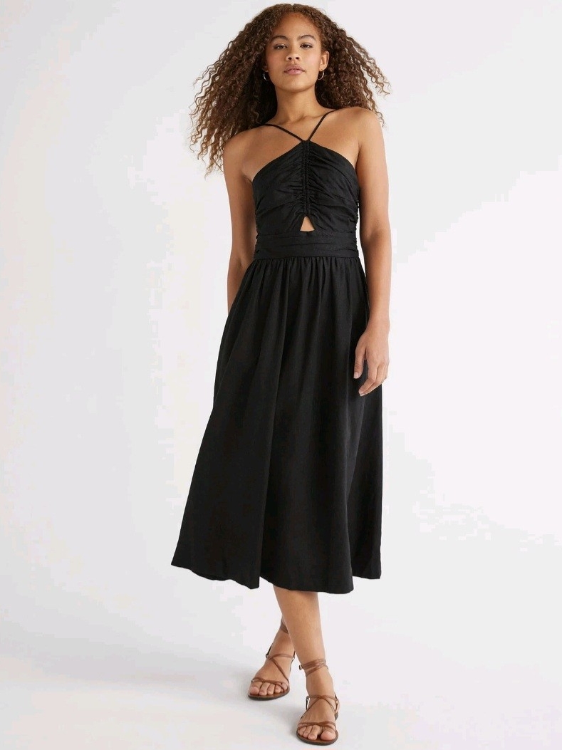 Free Assembly - Black Ruched Halter Midi Dress With Front Keyhole